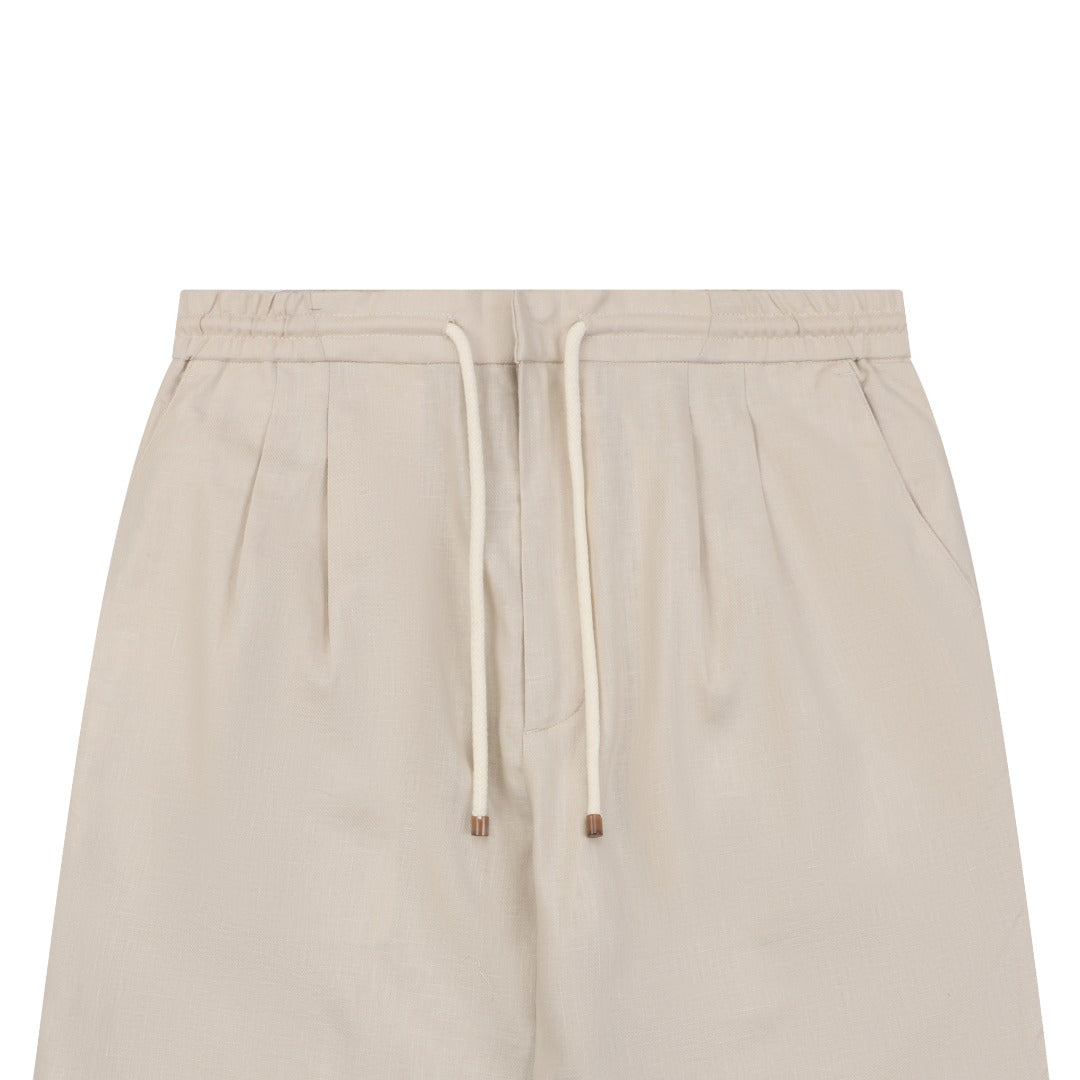 Balenciaga Double-Pleat Linen Drawstring Shorts — Stone