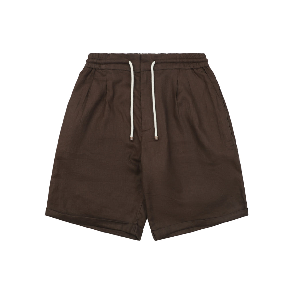 Balenciaga Double-Pleat Linen Drawstring Shorts — Brown