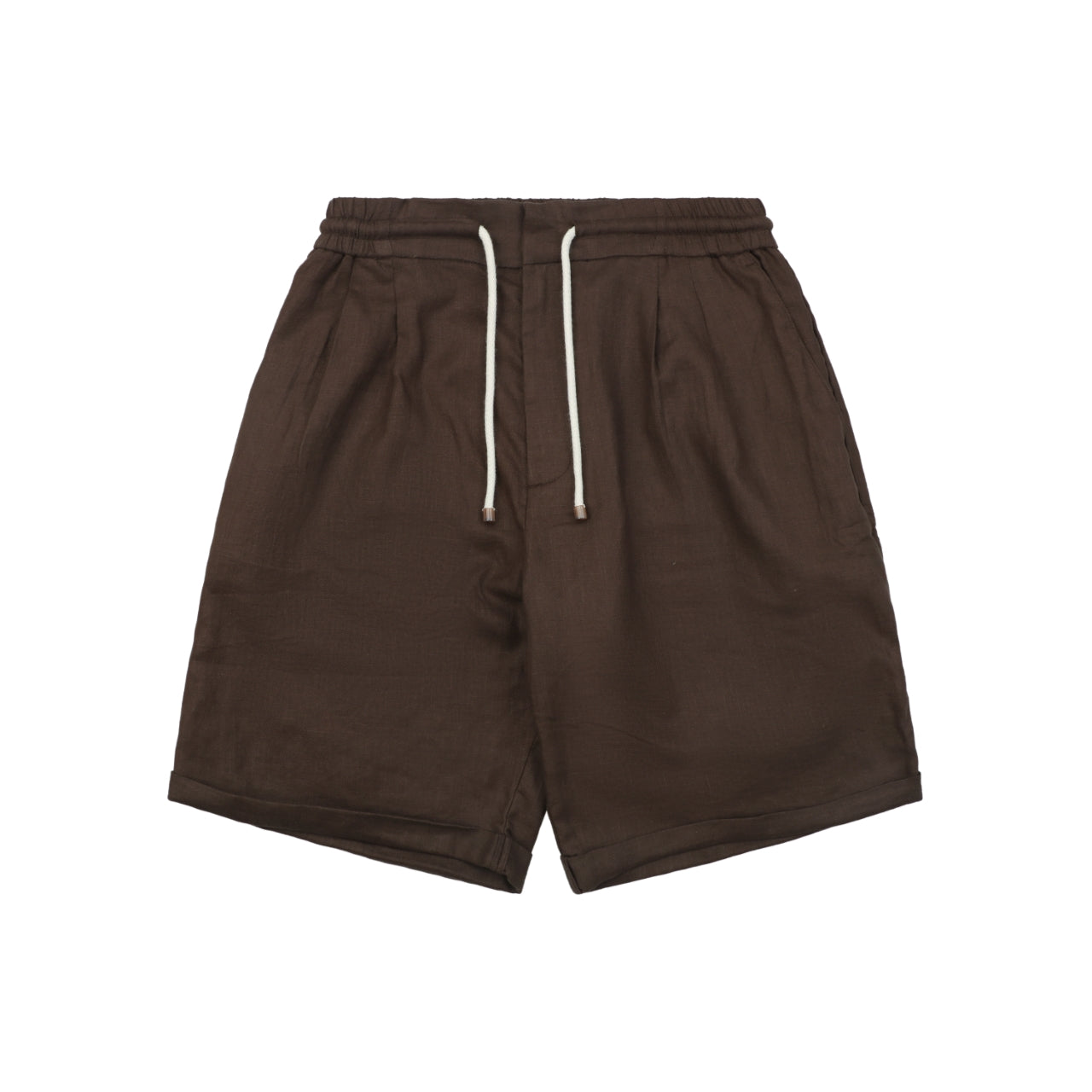 Balenciaga Double-Pleat Linen Drawstring Shorts — Brown