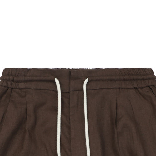 Balenciaga Double-Pleat Linen Drawstring Shorts — Brown