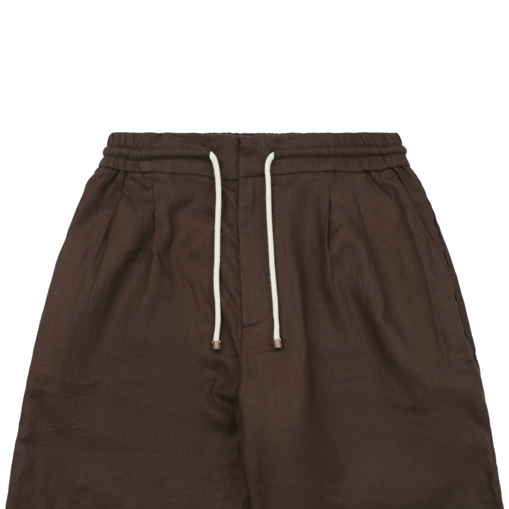 Balenciaga Double-Pleat Linen Drawstring Shorts — Brown