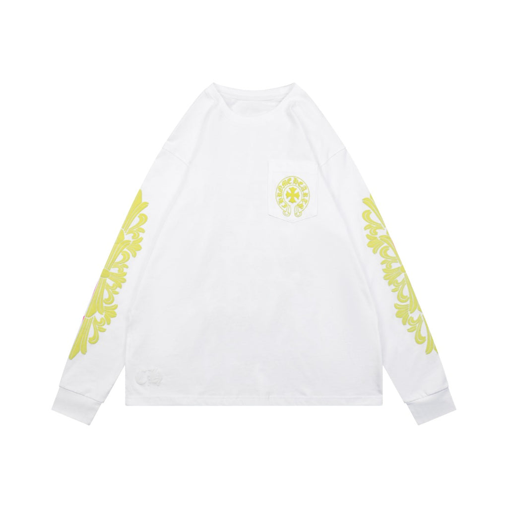 Chrome Hearts Cross Floral Sleeve Sanskrit Back Print Long-Sleeve Tee — White/Yellow