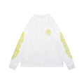 Chrome Hearts Cross Floral Sleeve Sanskrit Back Print Long-Sleeve Tee — White/Yellow