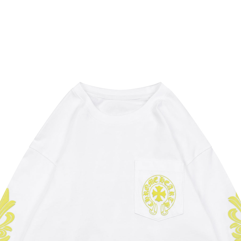 Chrome Hearts Cross Floral Sleeve Sanskrit Back Print Long-Sleeve Tee — White/Yellow