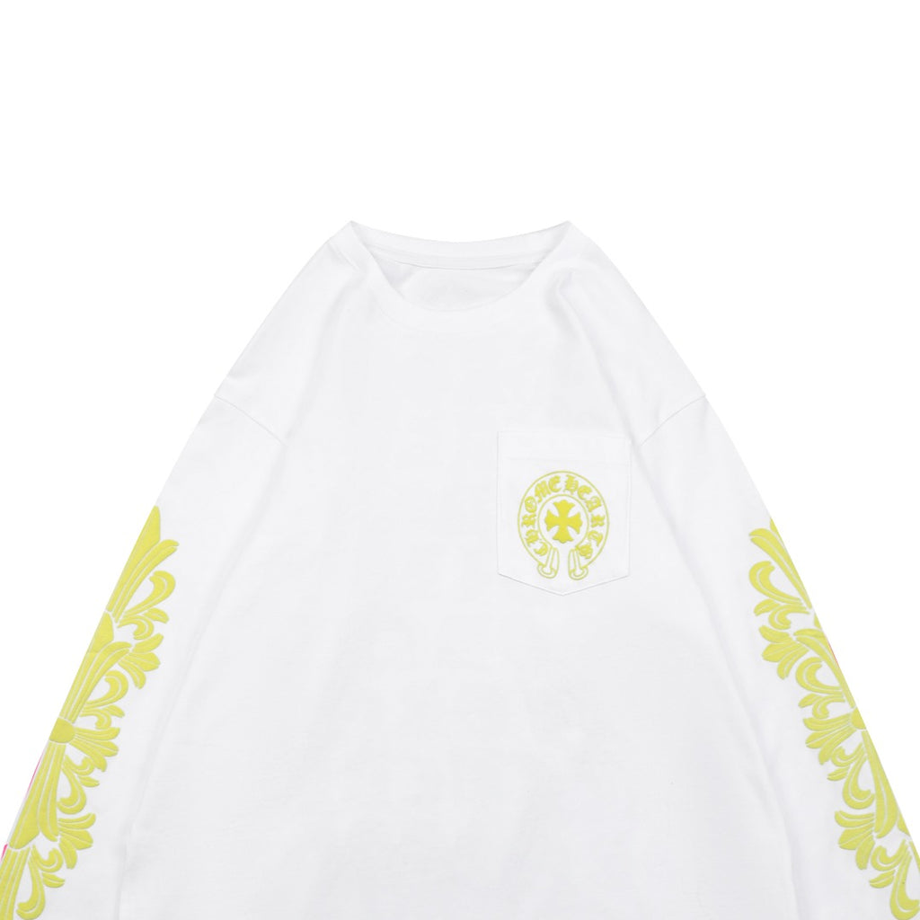 Chrome Hearts Cross Floral Sleeve Sanskrit Back Print Long-Sleeve Tee — White/Yellow