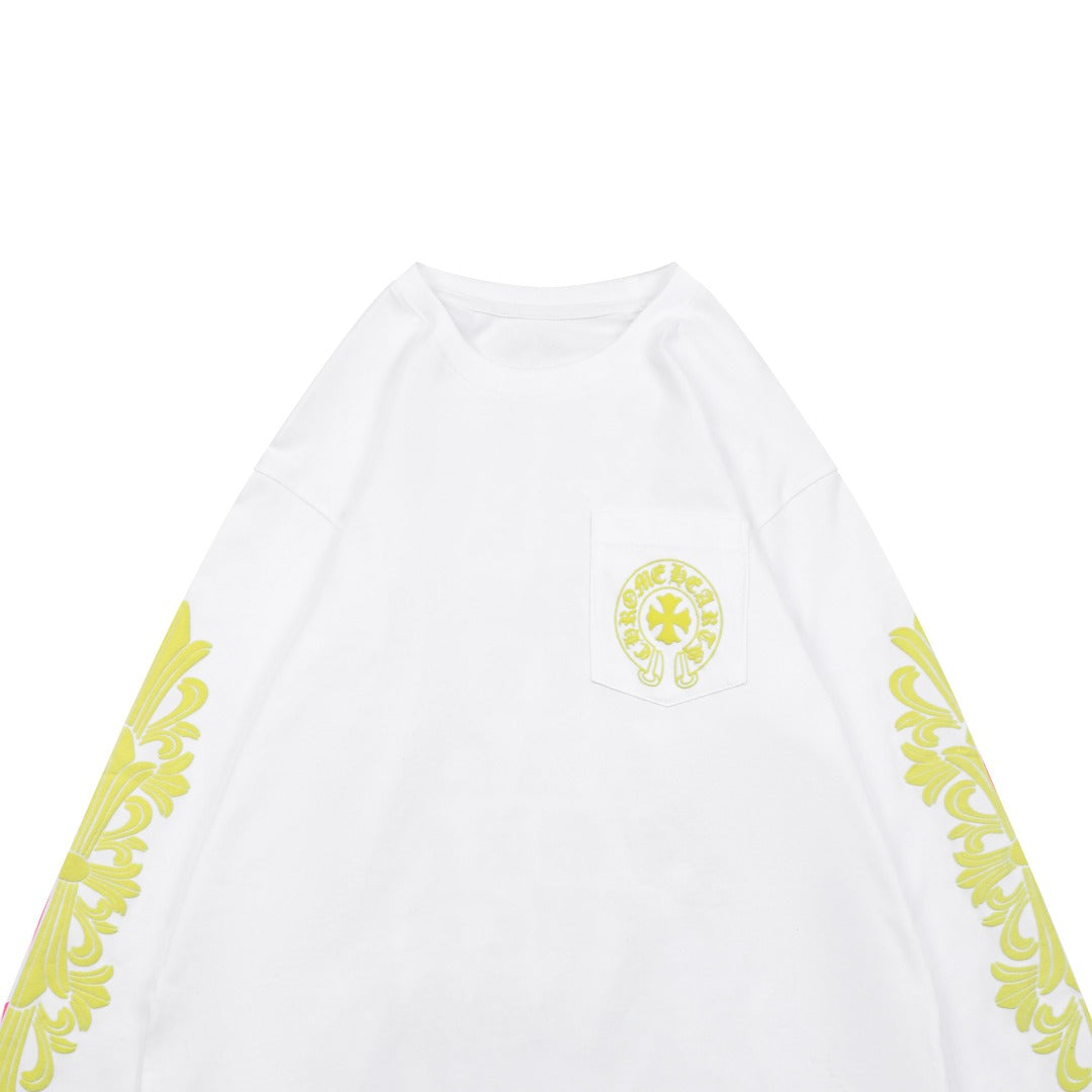 Chrome Hearts Cross Floral Sleeve Sanskrit Back Print Long-Sleeve Tee — White/Yellow