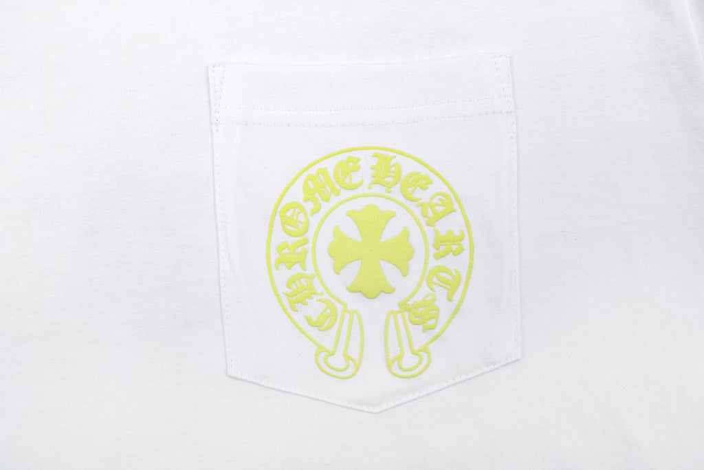 Chrome Hearts Cross Floral Sleeve Sanskrit Back Print Long-Sleeve Tee — White/Yellow