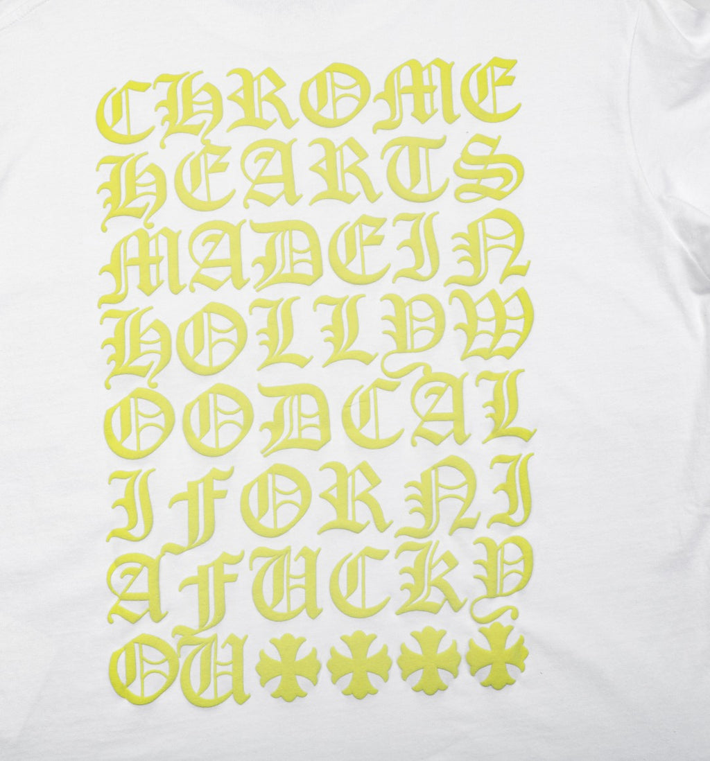 Chrome Hearts Cross Floral Sleeve Sanskrit Back Print Long-Sleeve Tee — White/Yellow