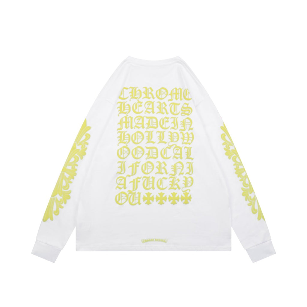 Chrome Hearts Cross Floral Sleeve Sanskrit Back Print Long-Sleeve Tee — White/Yellow