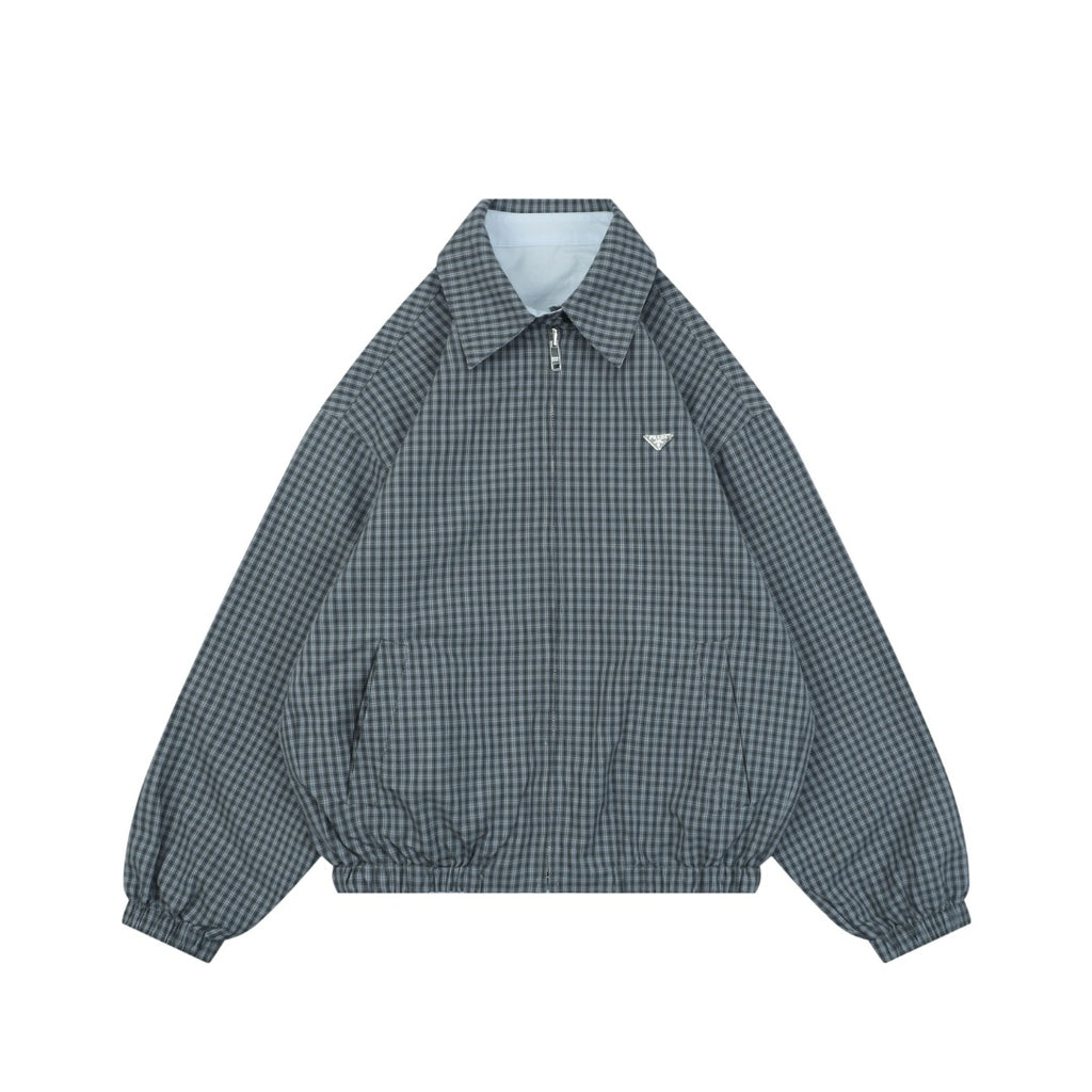 Prada Reversible Houndstooth Check Zip Jacket — Grey/Ice Blue