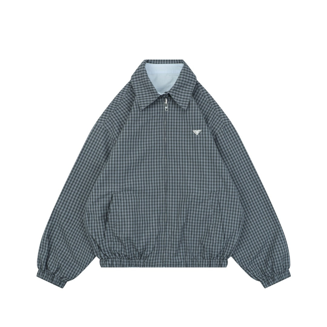 Prada Reversible Houndstooth Check Zip Jacket — Grey/Ice Blue