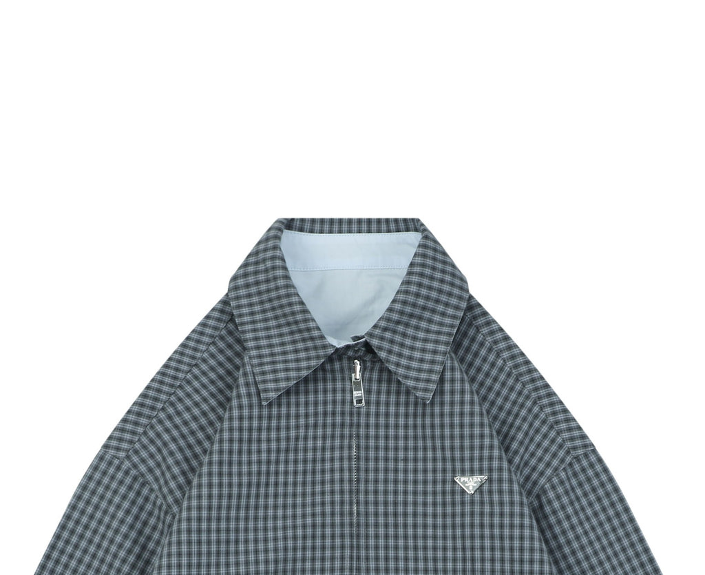 Prada Reversible Houndstooth Check Zip Jacket — Grey/Ice Blue