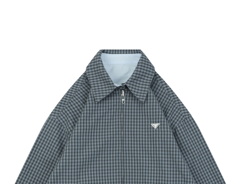 Prada Reversible Houndstooth Check Zip Jacket — Grey/Ice Blue