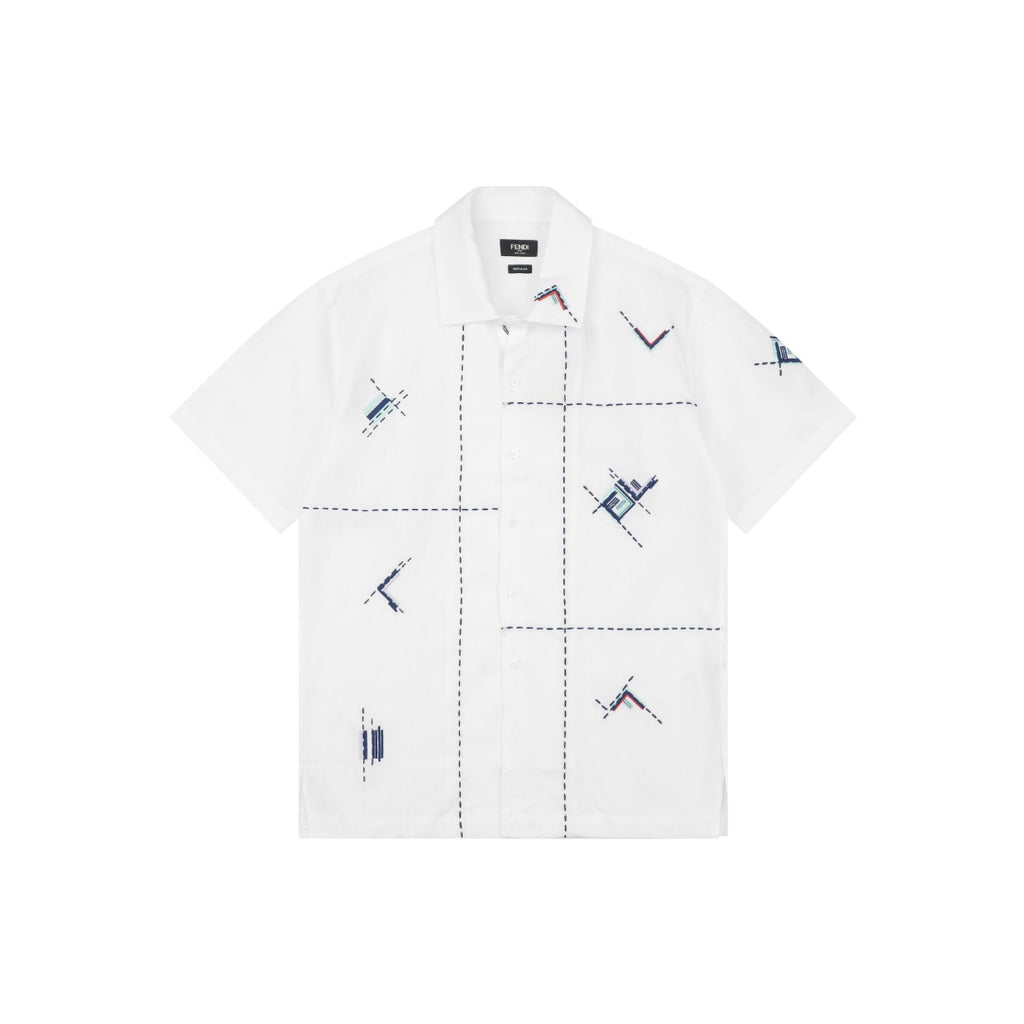 Fendi FF Dashed-Stitch Embroidered Short-Sleeve Shirt — White