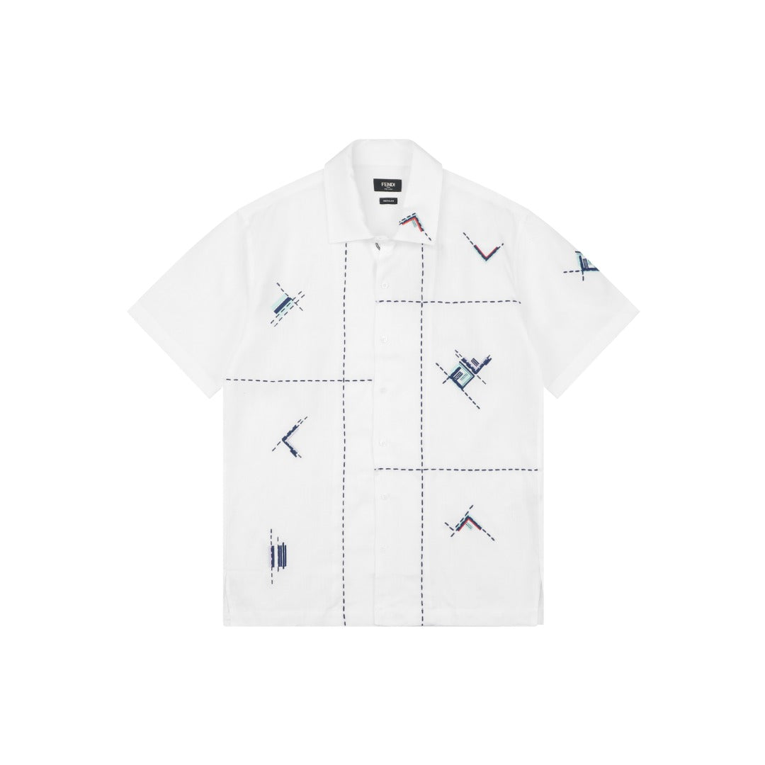 Fendi FF Dashed-Stitch Embroidered Short-Sleeve Shirt — White
