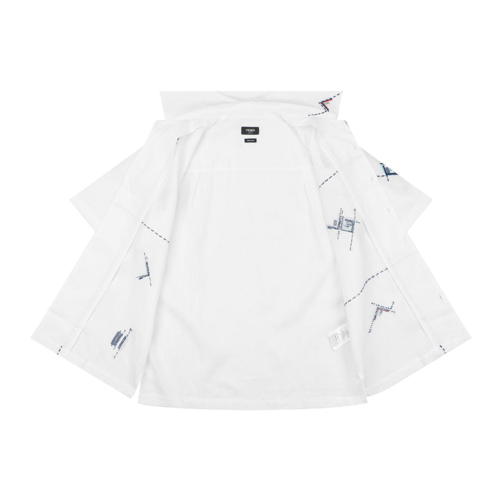 Fendi FF Dashed-Stitch Embroidered Short-Sleeve Shirt — White