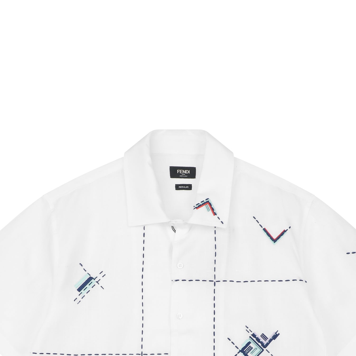 Fendi FF Dashed-Stitch Embroidered Short-Sleeve Shirt — White