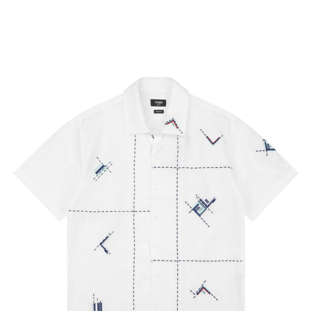 Fendi FF Dashed-Stitch Embroidered Short-Sleeve Shirt — White