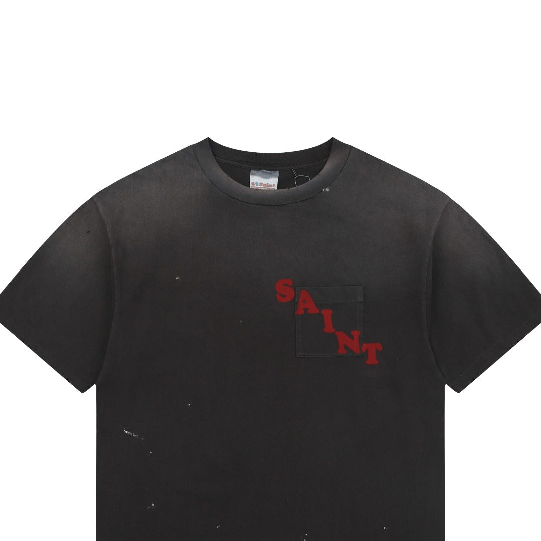 Saint Michael Irregular Script Pocket Print Tee — Vintage Black