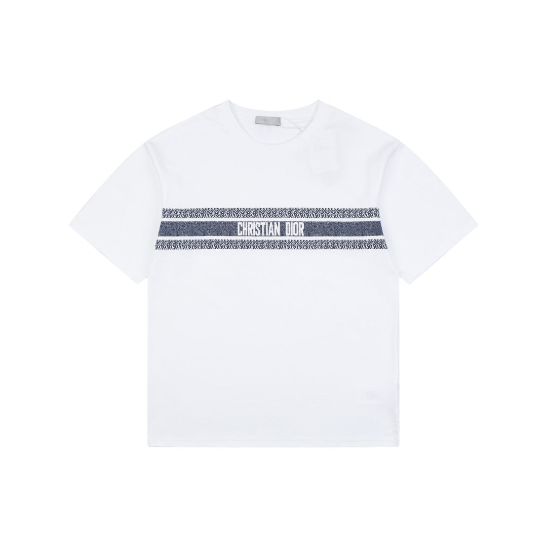Christian Dior CD Blue Stripe Slogan Print Tee — White