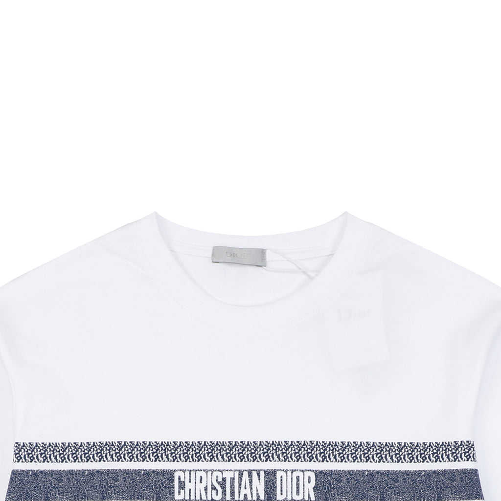 Christian Dior CD Blue Stripe Slogan Print Tee — White