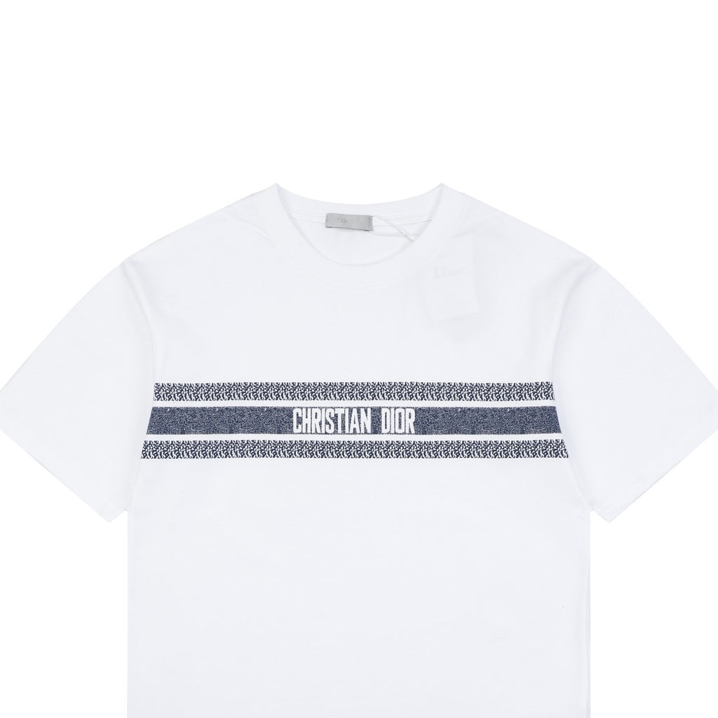 Christian Dior CD Blue Stripe Slogan Print Tee — White