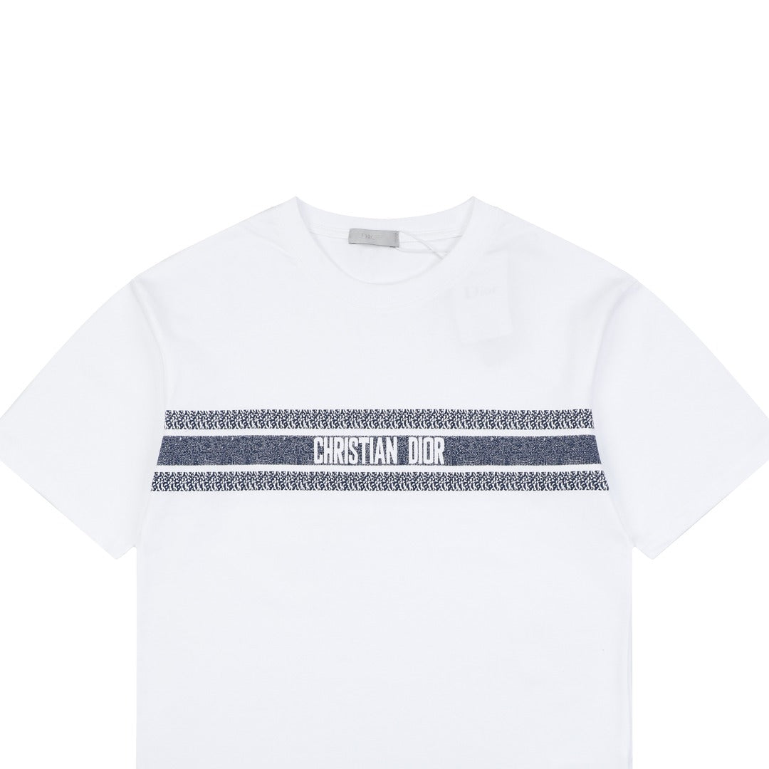 Christian Dior CD Blue Stripe Slogan Print Tee — White