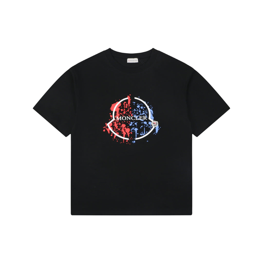 Moncler Red/Blue Ink-Splash Logo Print Tee — Black