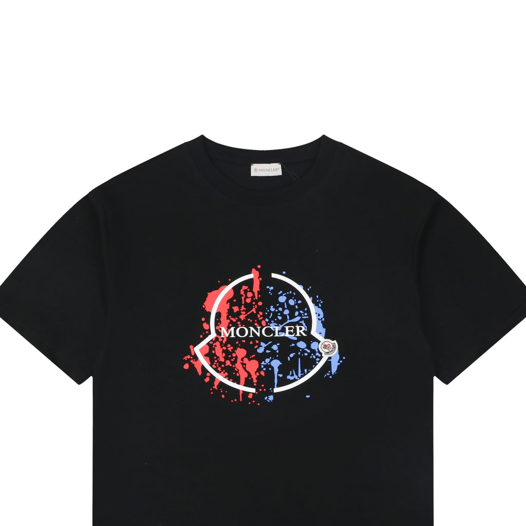 Moncler Red/Blue Ink-Splash Logo Print Tee — Black