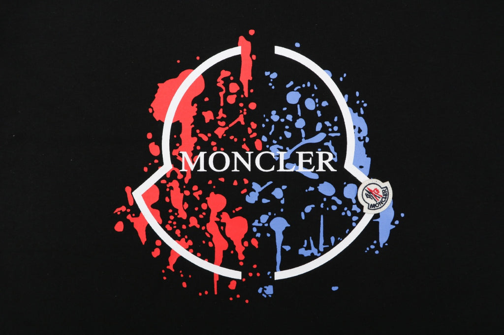 Moncler Red/Blue Ink-Splash Logo Print Tee — Black