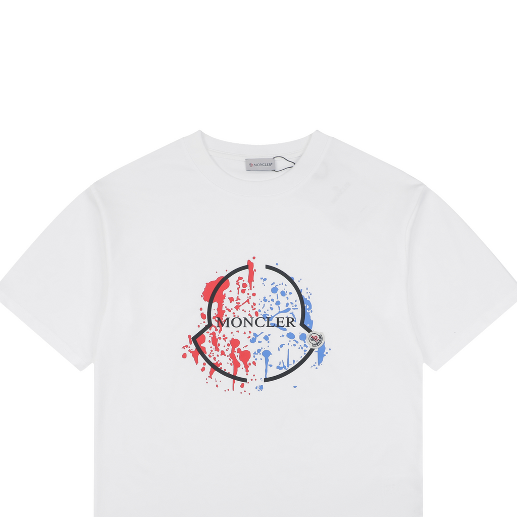 Moncler Red/Blue Ink-Splash Logo Print Tee — White