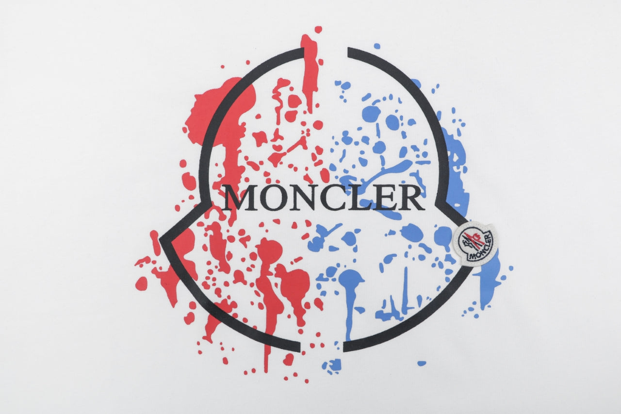 Moncler Red/Blue Ink-Splash Logo Print Tee — White