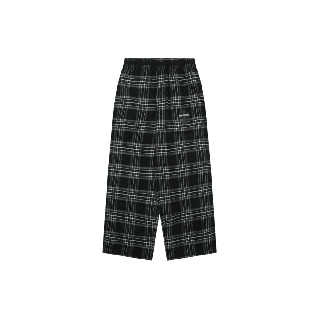 Chrome Hearts Allover Check Cross Leather-Patch Trousers — Black/Grey