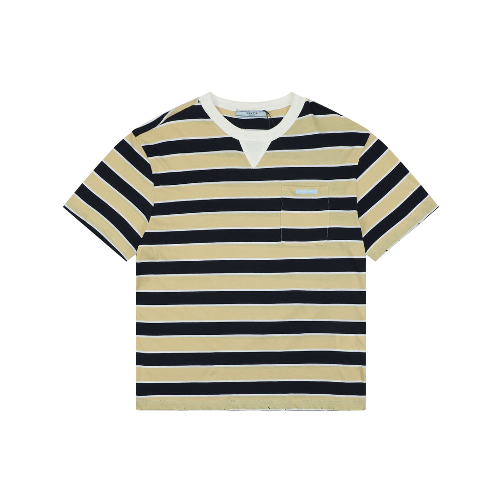 Prada Stripe Dropped-Shoulder Tee — Yellow/Navy