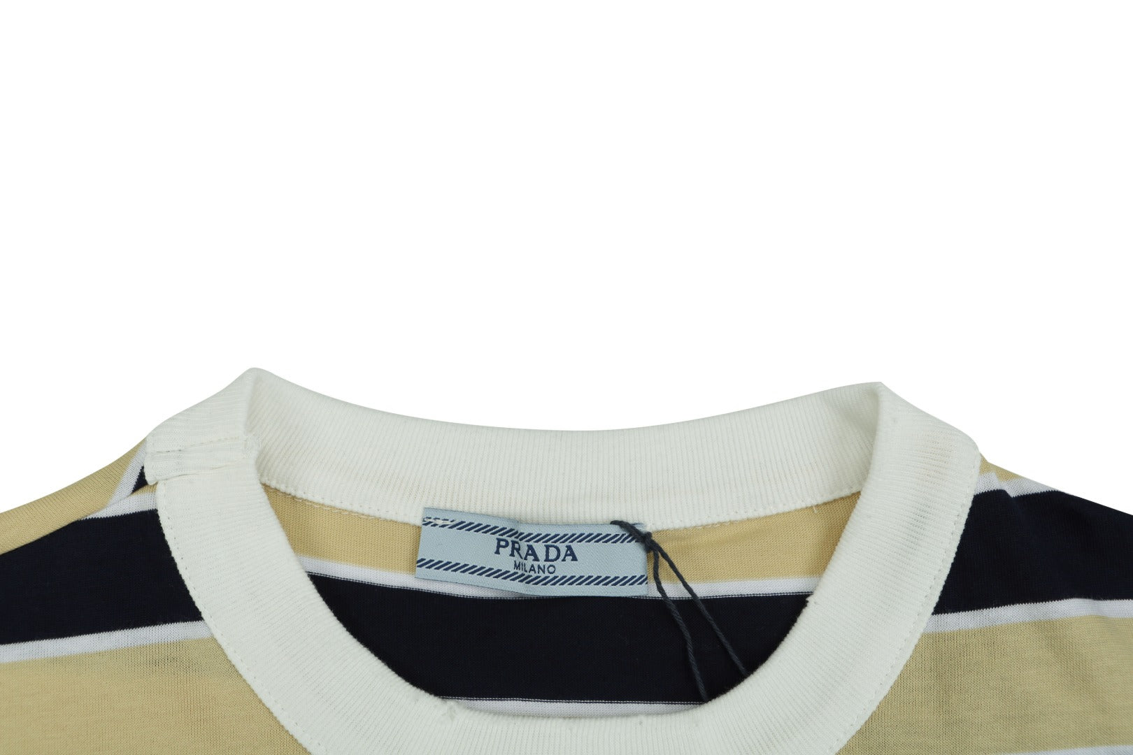 Prada Stripe Dropped-Shoulder Tee — Yellow/Navy