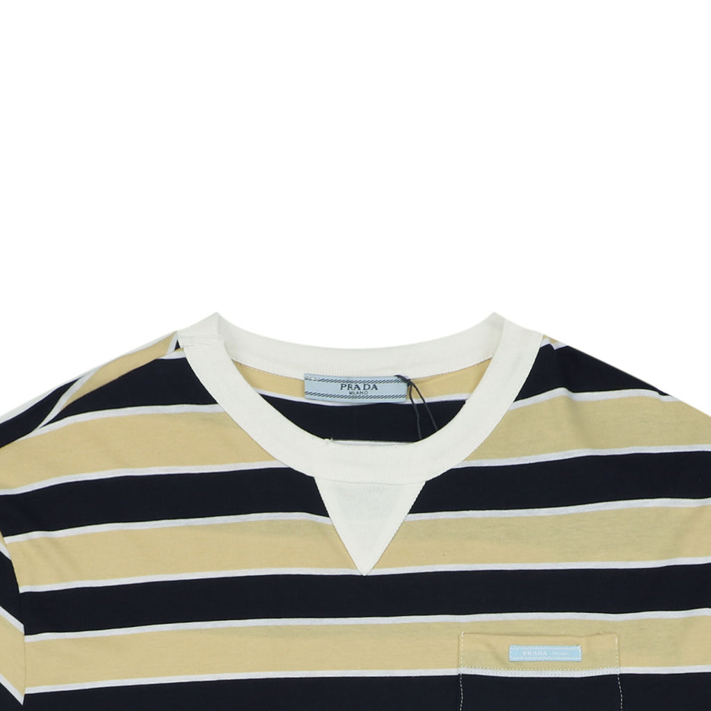 Prada Stripe Dropped-Shoulder Tee — Yellow/Navy
