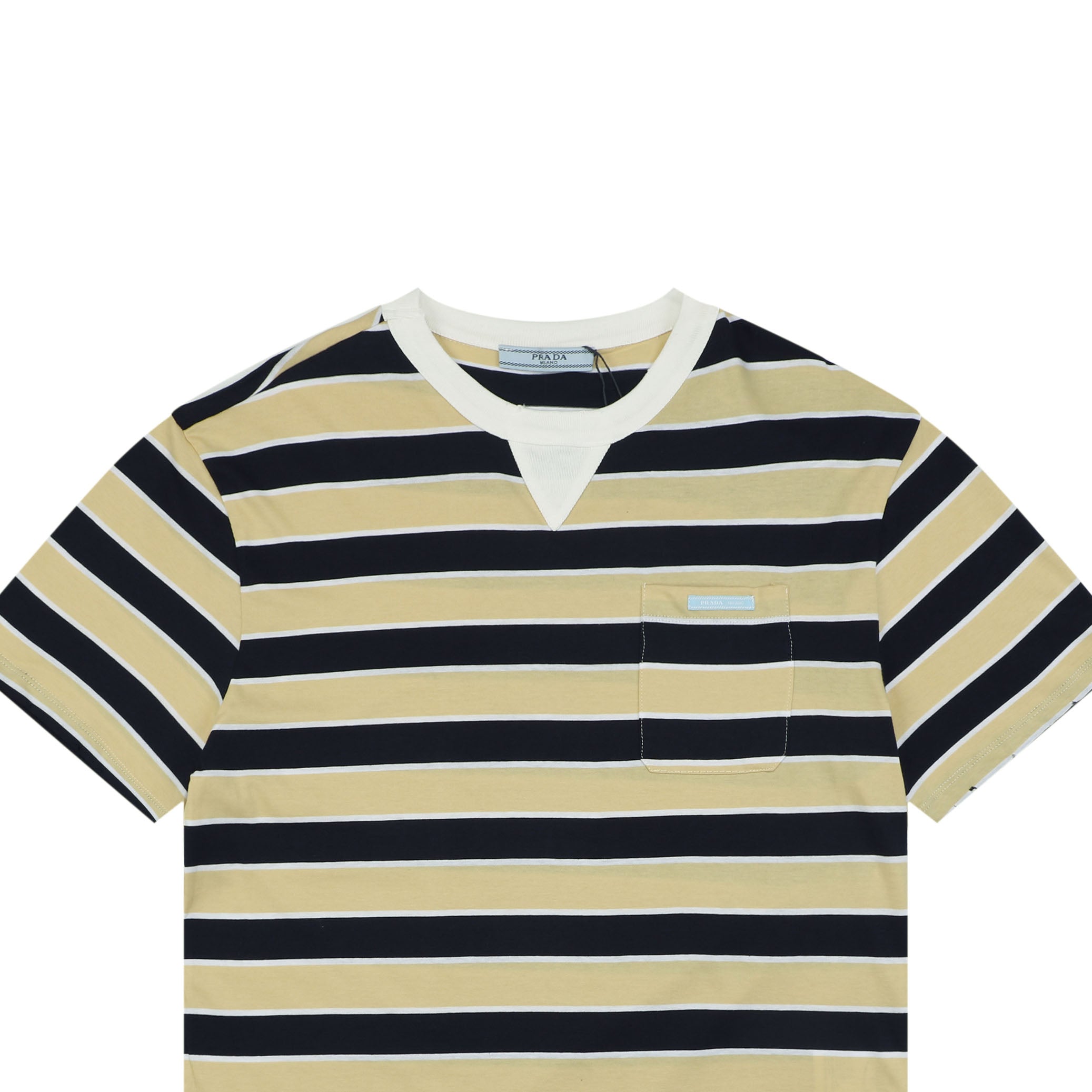 Prada Stripe Dropped-Shoulder Tee — Yellow/Navy