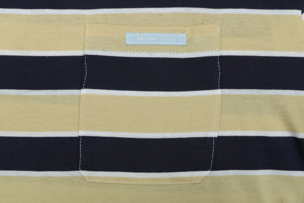 Prada Stripe Dropped-Shoulder Tee — Yellow/Navy