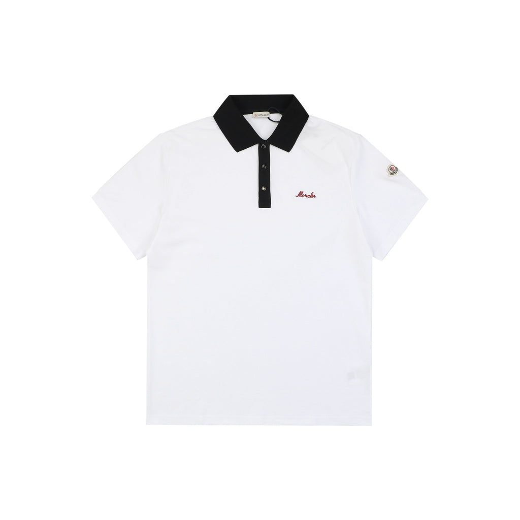 Moncler Signature Script Contrast-Collar Polo Tee — White/Black