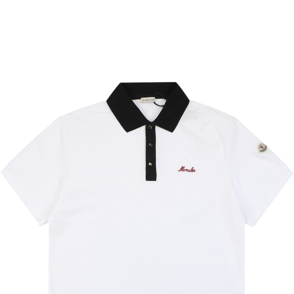 Moncler Signature Script Contrast-Collar Polo Tee — White/Black
