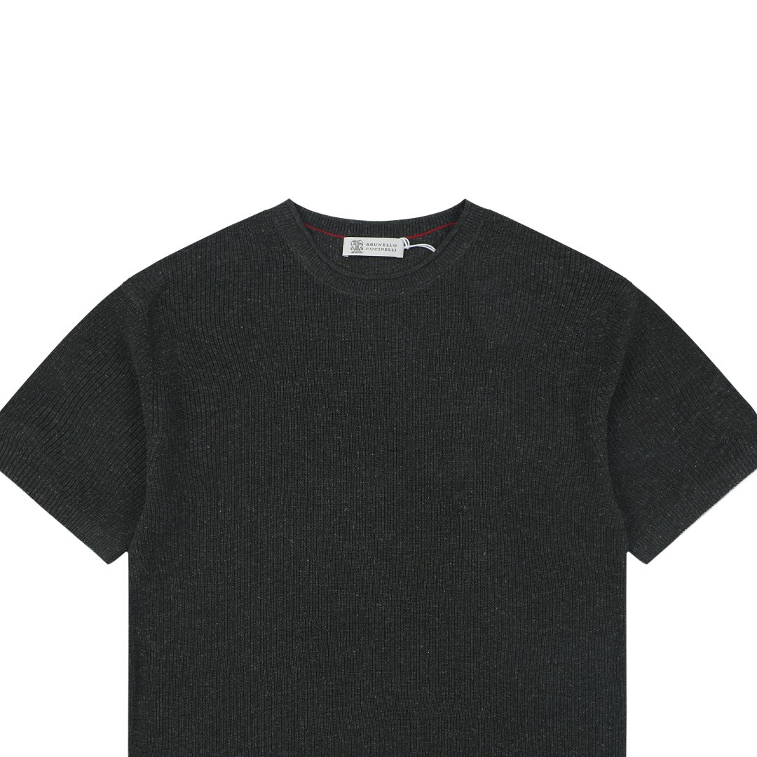 Brunello Cucinelli Flecked Rolled-Hem Knit Tee — Black