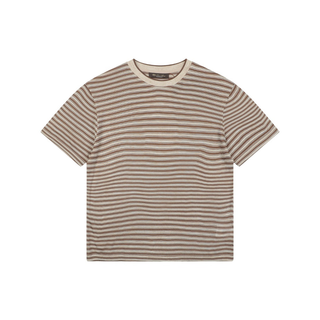 Loro Piana Coffee & Yellow Stripe Knit Tee — Ecru/Brown