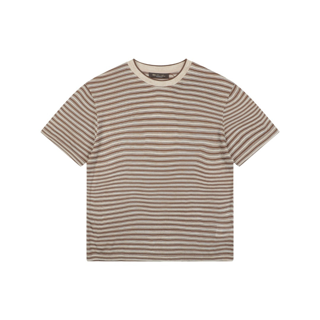 Loro Piana Coffee & Yellow Stripe Knit Tee — Ecru/Brown