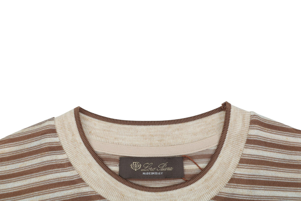Loro Piana Coffee & Yellow Stripe Knit Tee — Ecru/Brown