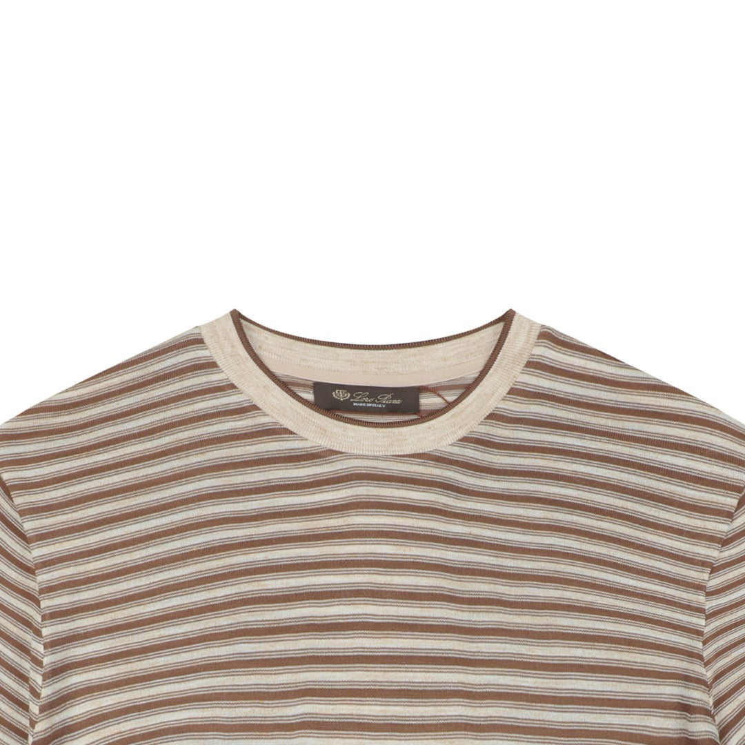 Loro Piana Coffee & Yellow Stripe Knit Tee — Ecru/Brown
