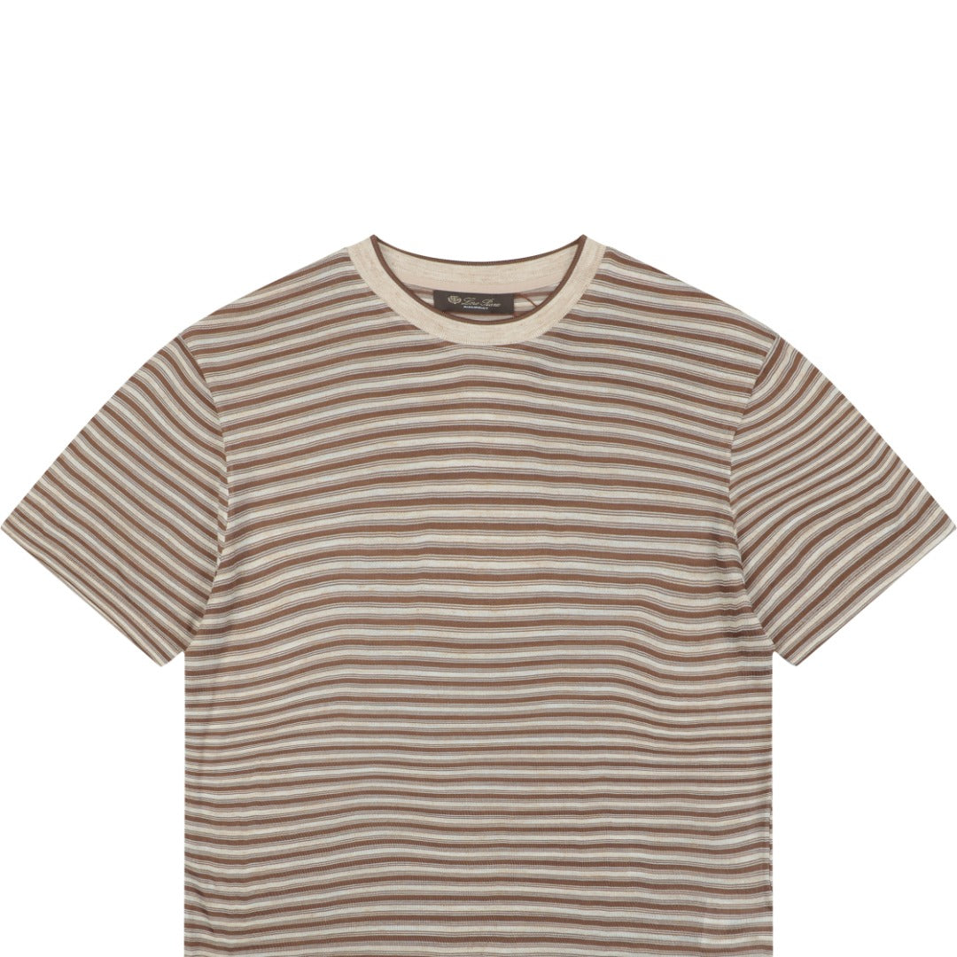 Loro Piana Coffee & Yellow Stripe Knit Tee — Ecru/Brown
