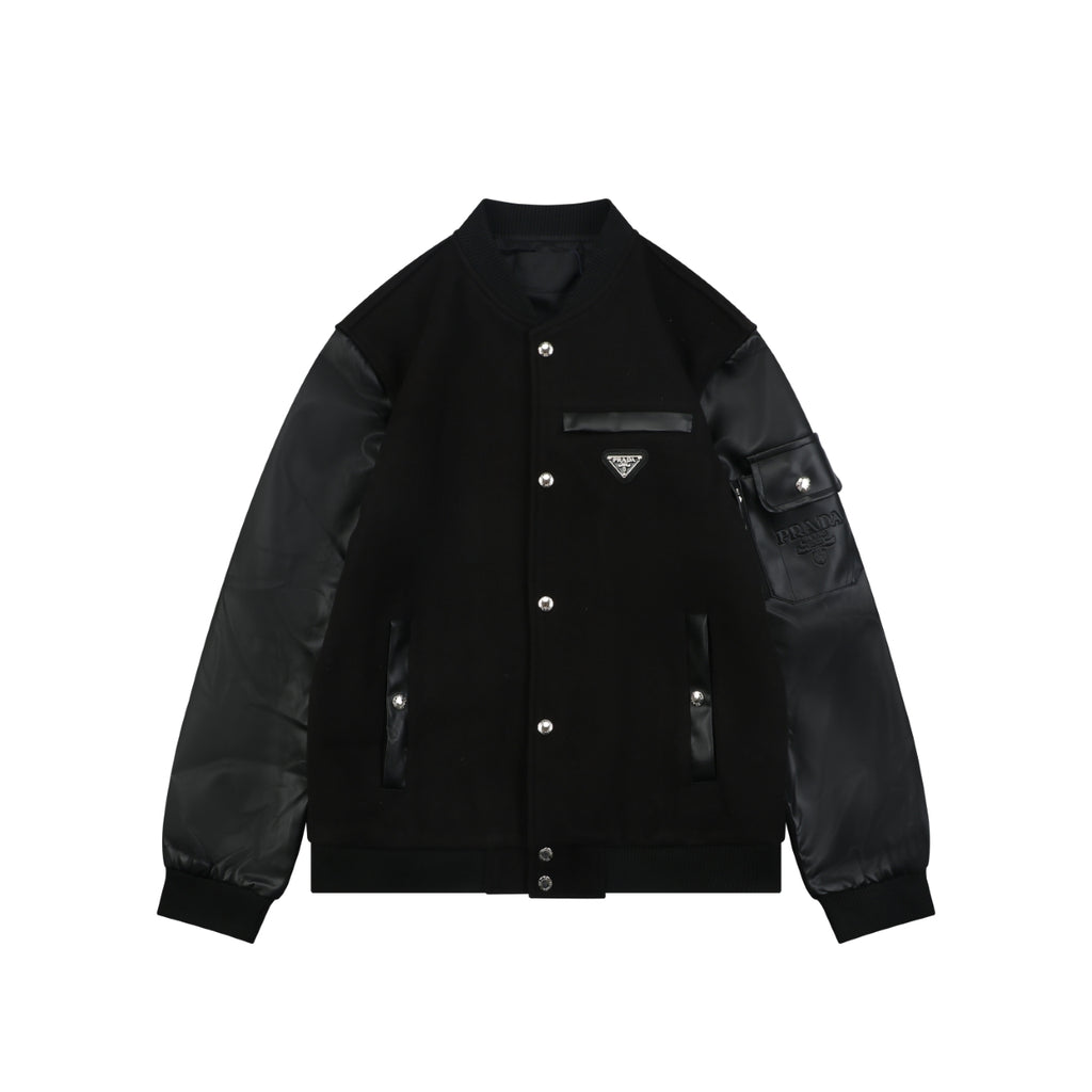 Prada Triangle Logo Leather-Panelled Varsity Jacket - Black