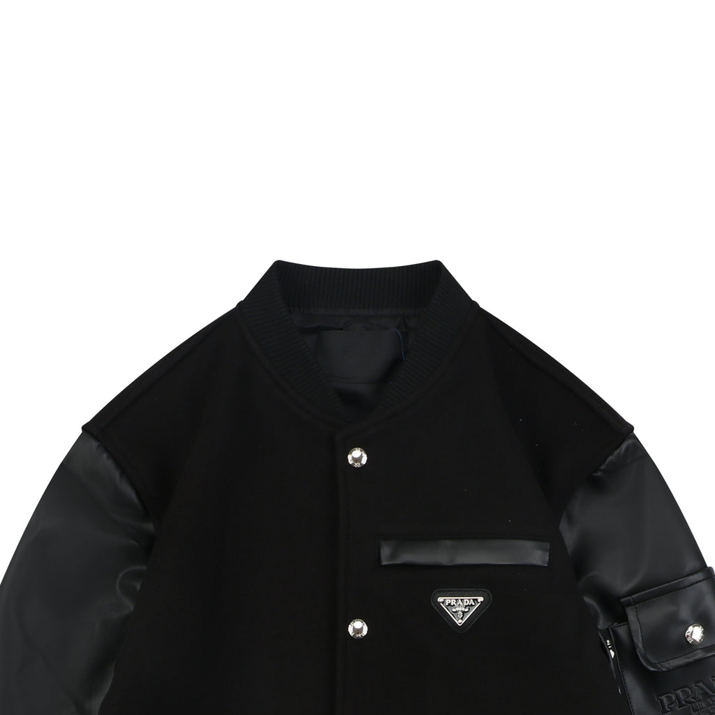 Prada Triangle Logo Leather-Panelled Varsity Jacket - Black
