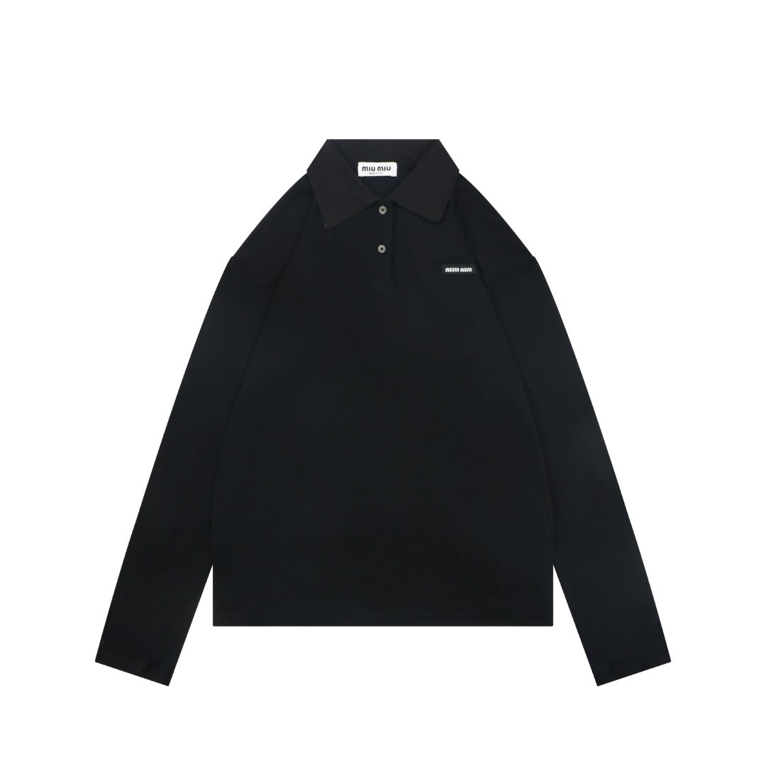 Miu Miu 26FW Small Logo Long-Sleeve Polo - Black
