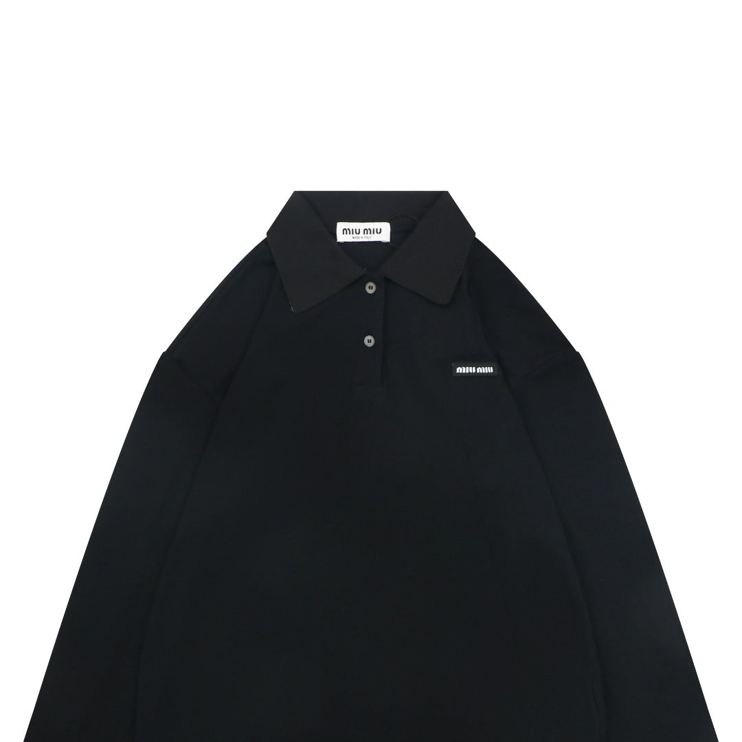 Miu Miu 26FW Small Logo Long-Sleeve Polo - Black